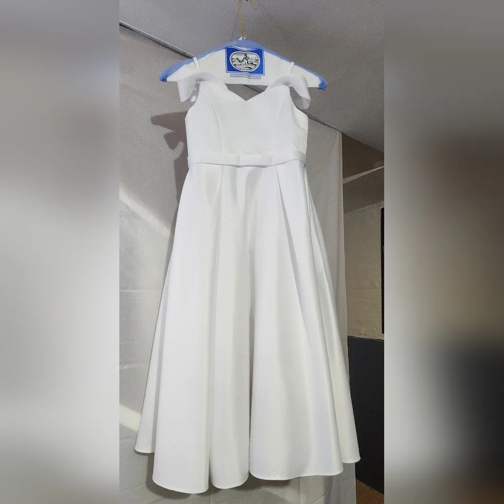 David's Bridal Girl Satin Off Shoulder White Dress W/ Some Light Imperfections - Picture 1 of 11